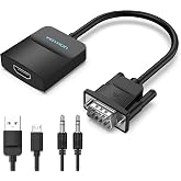VENTION VGA to HDMI Adapter 0.5FT, Uni-Directional VGA(Source) to HDMI(Display) Converter (Male to Female) 1080@60Hz with Audio Cable and Micro USB Cable from PC, Monitor