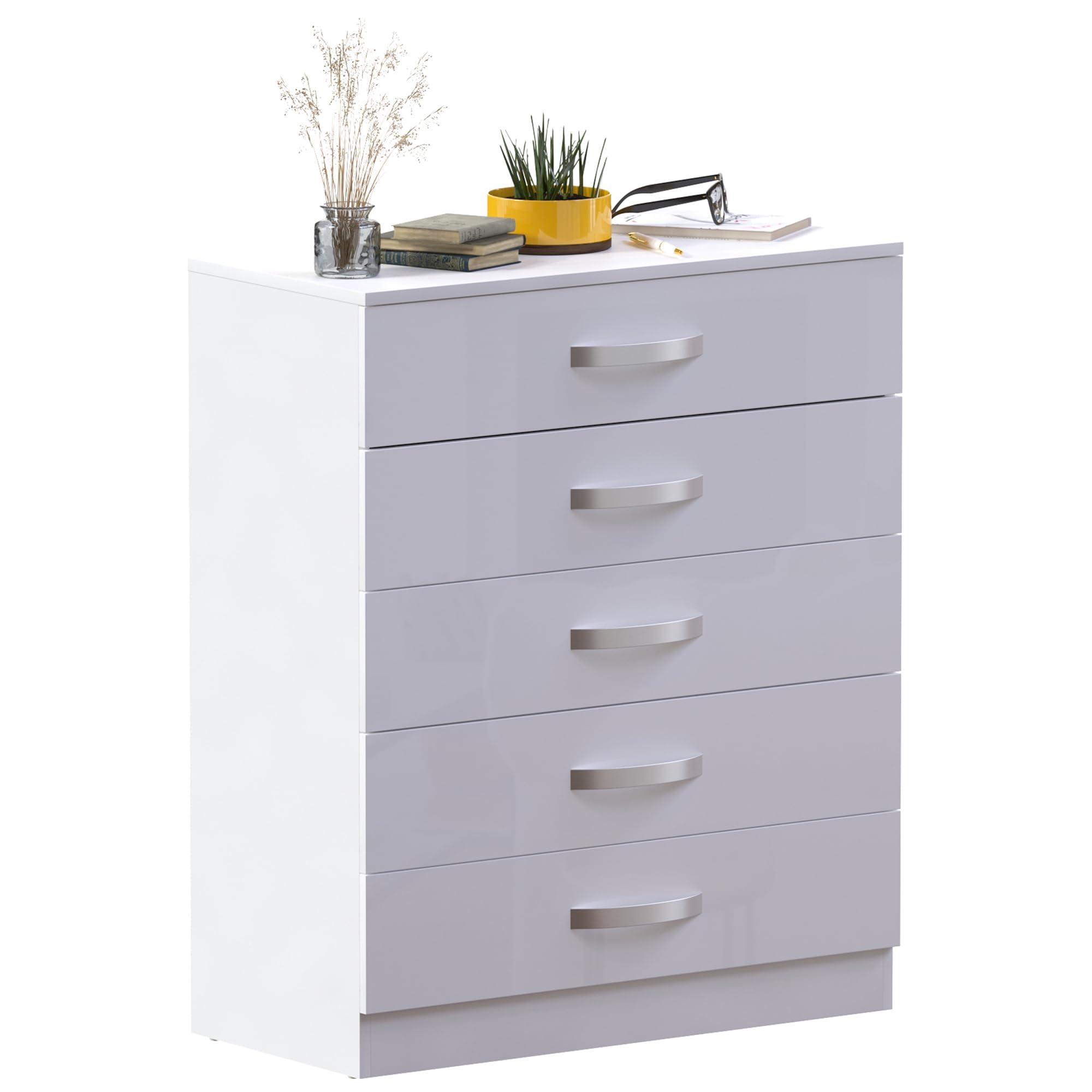 Vida Designs Hulio High Gloss 5 Drawer Chest Of Drawers, White, 90 x 75 x 36 cm
