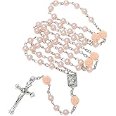 KIMUWHI Catholic Rosary Necklace for Women, Simulated Pearl Prayer Beads with Rose Accents, Silver Crucifix & Our Lady of Lourdes Medal, Religious Gift for Her