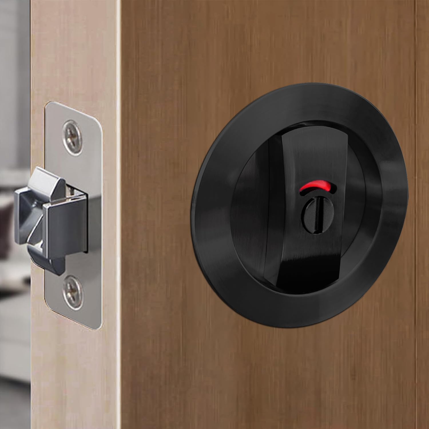 SANGRENSHEN Sliding Door Lock Pocket Door Indicator Lock Flush Handles Latch Privacy Bed/Bath Latch for 3cm to 5cm Thickness Door Black — image 1