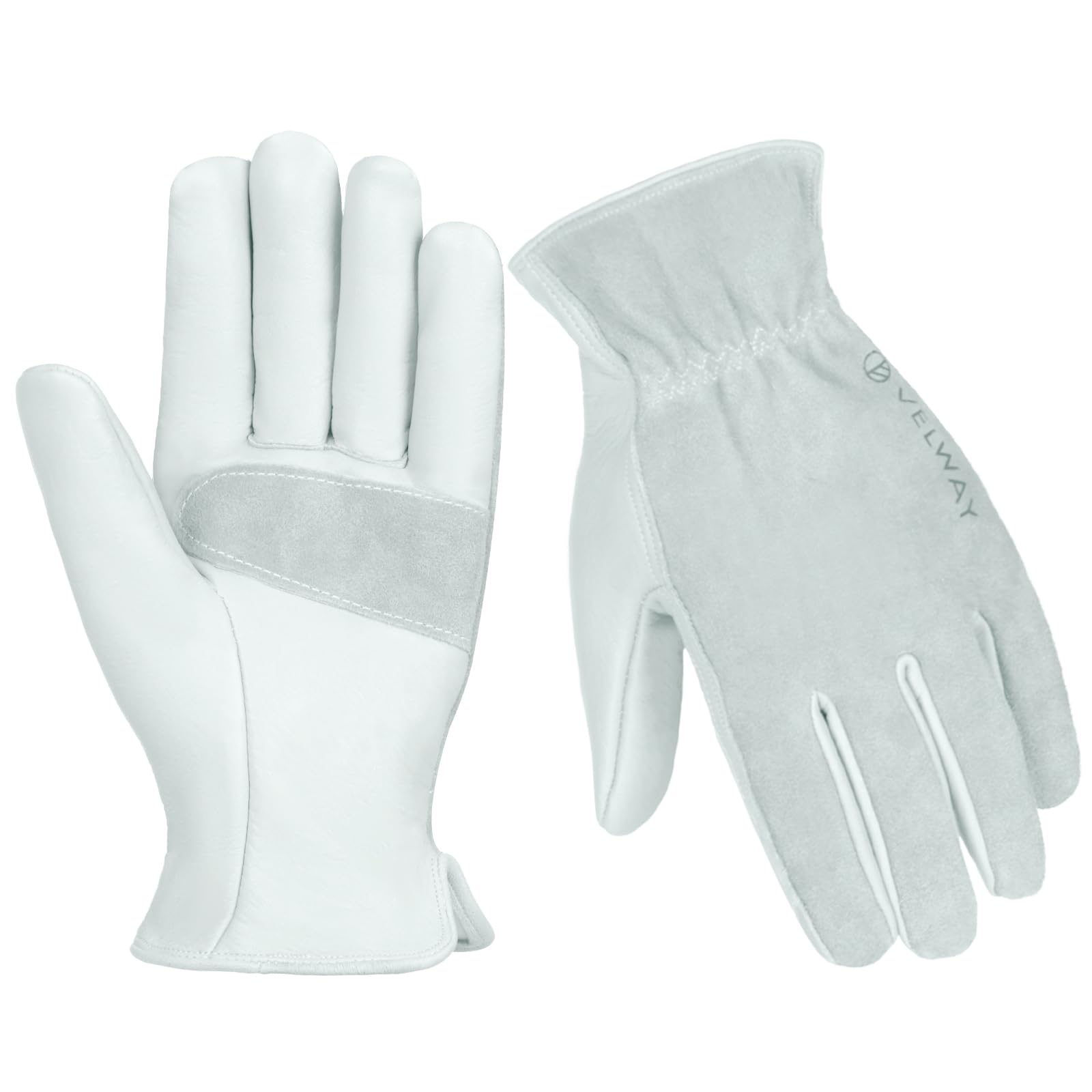 Velway Gardening Gloves for Men Women - Reinforced Palms Thorn Proof Leather Work Gloves Breathable Cotton Lined Protective Gloves for Yard Work Farm Warehouse Construction 1 Pair Grey