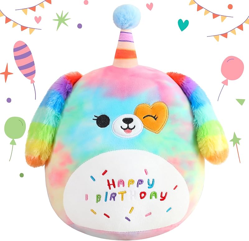 SQEQE Happy Birthday Rainbow Dog Plush Toy 35cm Soft Stuffed Animal Gift