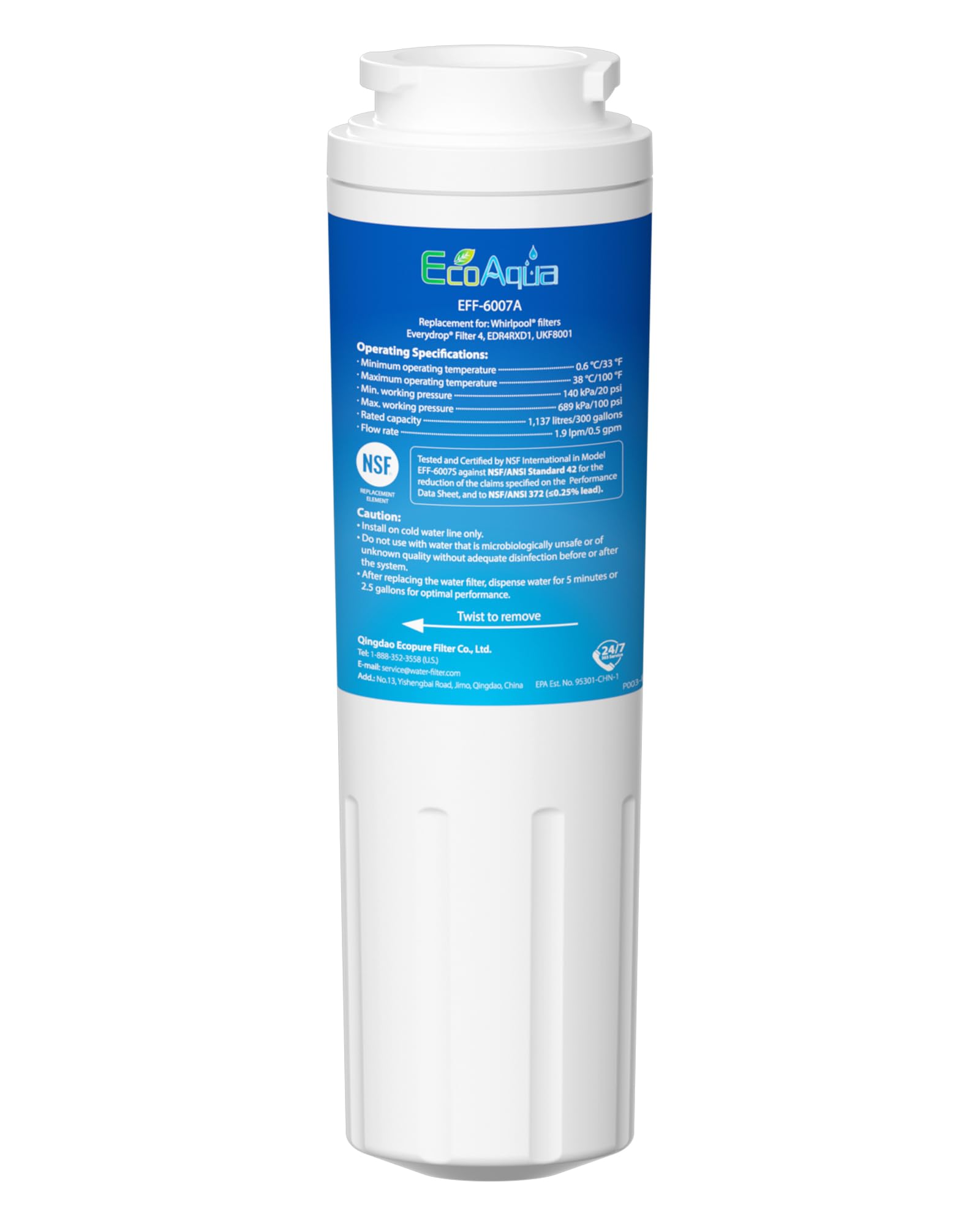 EcoAqua EFF-6007A Fridge Water Filter Compatible with Maytag UKF8001, UKF8001AXX, UKF8001P, WF50, WF51, WF50-NI300, EDR4RXD1, Whirlpool 4396395, Kenmore 9006, 46-9006, 4396548 (1)