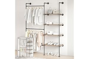 Woskar Industrial Pipe Clothing Rack, Hanging Rods Clothes Rack with Shelves, Clothes Rack for Wardrobe, Corner Closet System for Walk in Closets (Black, II-4Tier)
