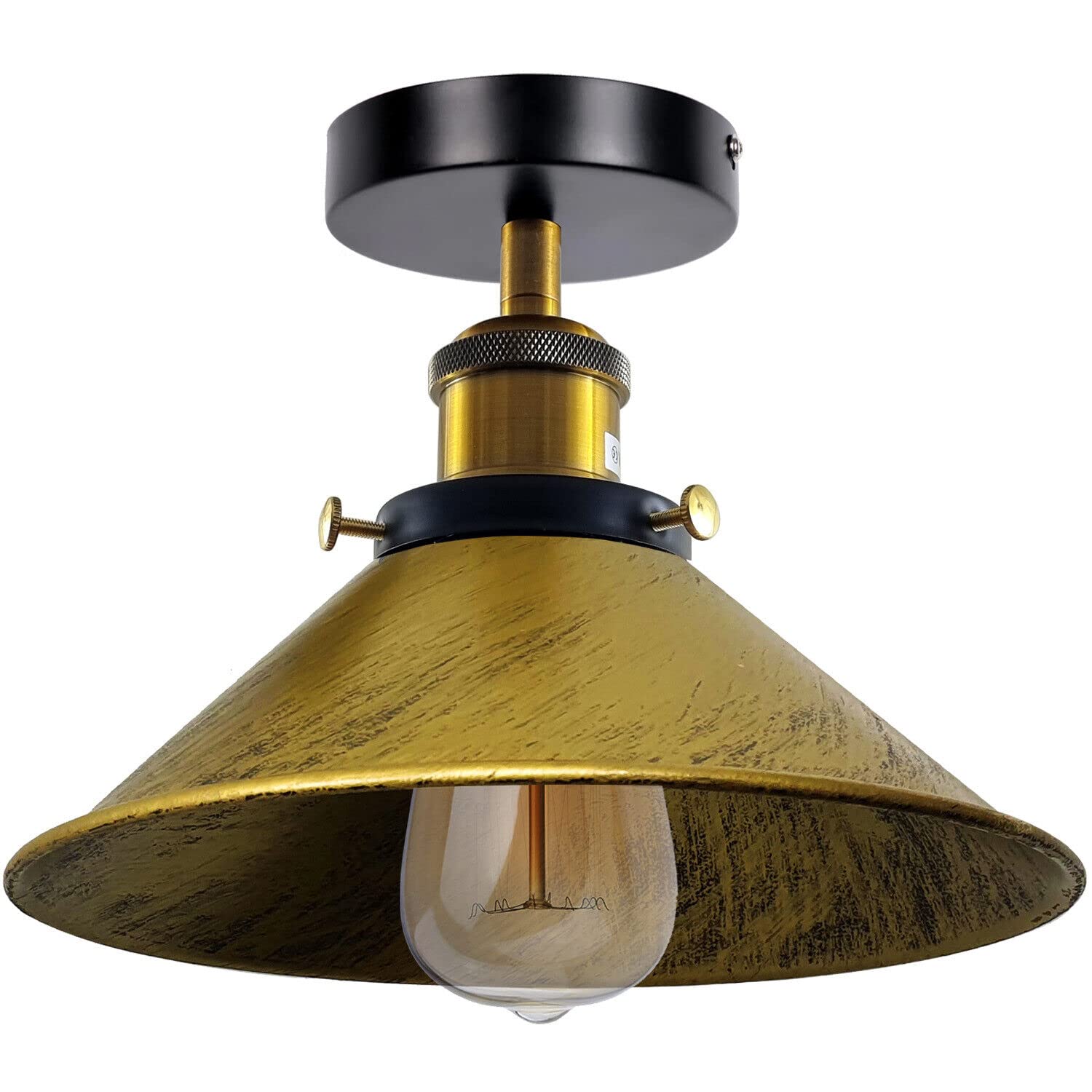 LEDSone E27 Flush Ceilings Light with 22cm Brushed Brass Conical Lampshade Easy to Fit Durable Metal Semi Flush Mount Ceiling Lighting for Bedroom, Kitchen, Dining Room with EPC A+ Bulb