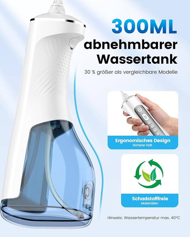 Irrigador Oral Elétrico 300ML, Irrigador Dentário 3+1 Modos, 6 Bicos IPX7 Limpador Dentário Portátil para Ortodontia/Gengivas Sensíveis - Limpeza Dentária Doméstica Entusiastas de Saúde Ora (Branco)