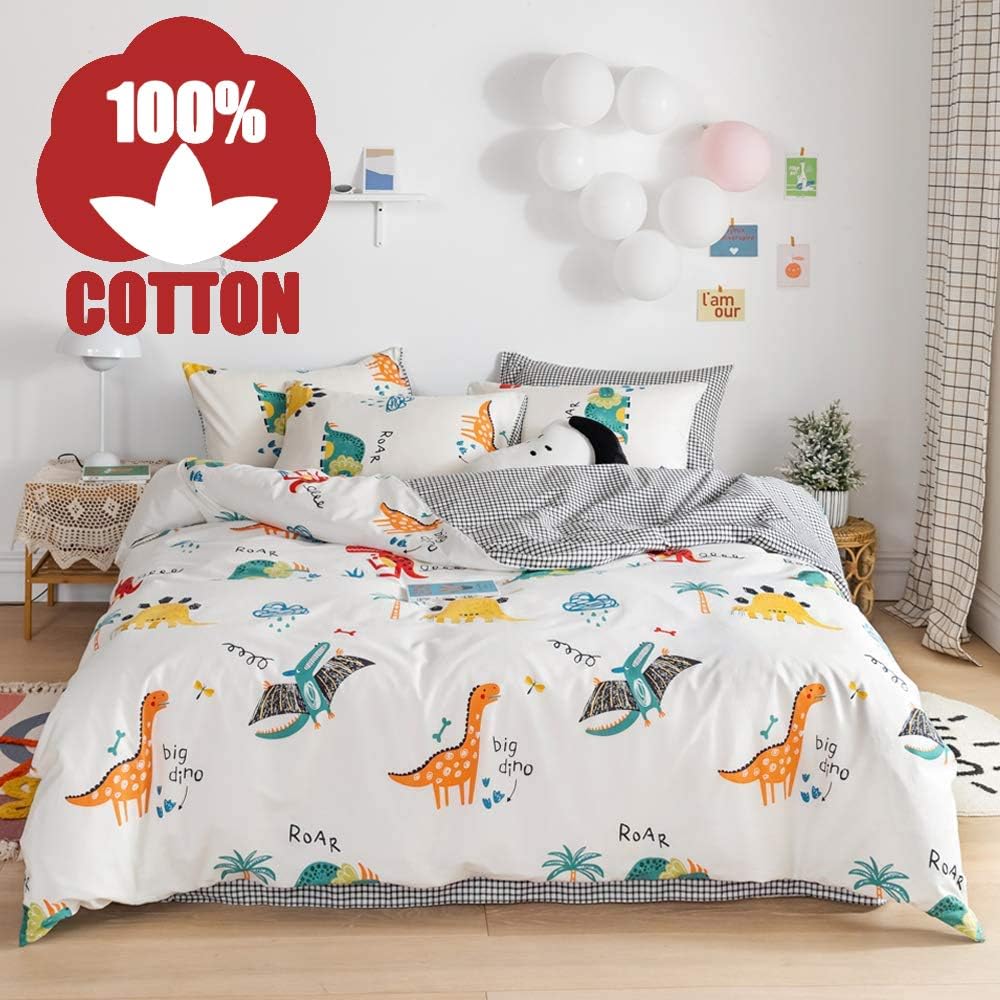 AOJIM Big Dino Cartoon Dinosaur Duvet Cover Animal Print Bedding Set 3 PCS Pure Cotton Color Dinosaur Sauropoda Comforter Cover Queen Size for Boys/Teens/Men