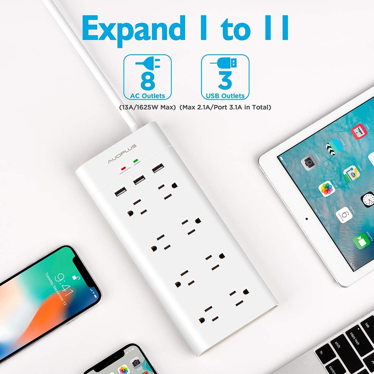 Power Strip with USB, AUOPLUS Grounded Surge Protector with 8 Outlets and 3 USB Ports[Flat Plug/Wall Mountable] 6FT Extension Cord, Desktop Charging Station for Computer Laptops Smartphone Home Office: Electronics