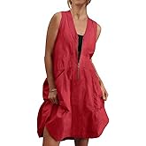 Fisoew Women's Sleeveless Tank Mini Dress Casual Half Zip V Neck Loose Mesh Back Utility Summer Dresses with Pockets