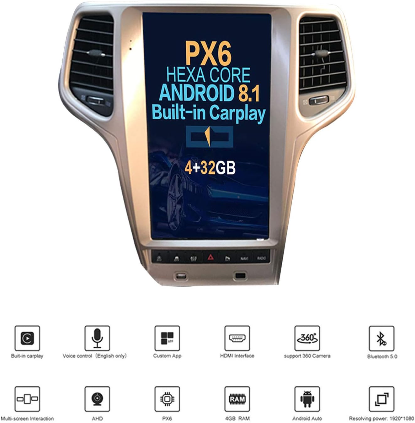 Autostereo 13.6 inch Vertical Screen Andriod 8.1 One Din Car Stereo Sat Nav Bluetooth GPS Navigation For Jeep Grand Cherokee 2010-2019 Adapter Head Unit Wifi Carplay (Gold, 4GB RAM 32GB ROM)