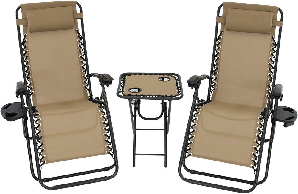 Sunnydaze Outdoor Zero Gravity Chair 2 Pack with Patio Table Cupholders and Pillows Included Khaki: Kitchen & Dining