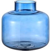 PORPAN Short Glass Vase, Blue Glass Vase, Short Flower Vase, Round Glass Vase, Small Glass Vases for Flowers, 6 Inch Glass Flower Vases for Living Room, Dining Table, Wedding, Bookshelf, Office Decor