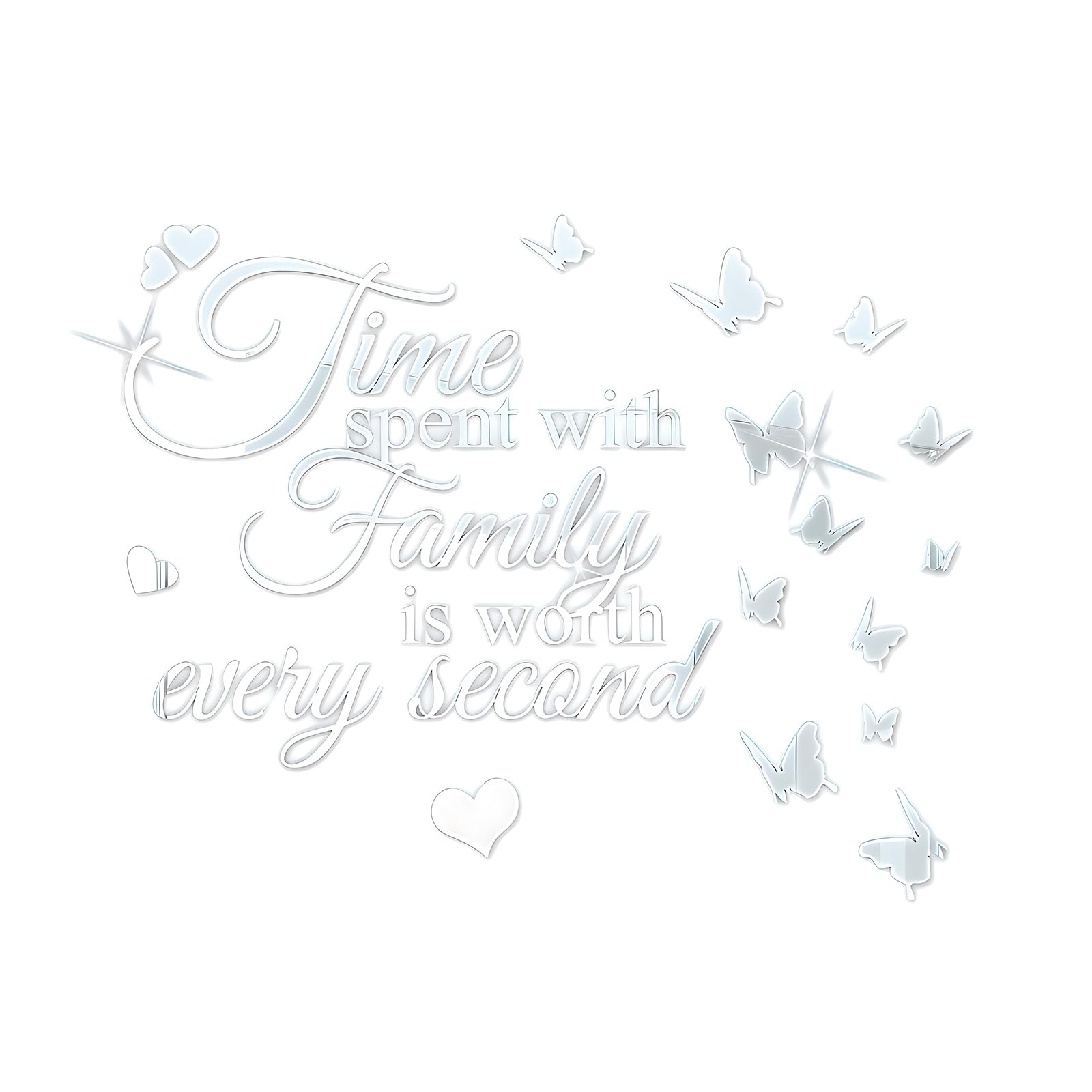 Fkereg Time Spent with Family is Worth Every Second Mirror Wall Decal, 3D Acrylic Butterfly Wall Stencils Peel and Stick, Vinyl Wall Stickers Motivation Lettering Saying Wall Art Home Decor, Silver