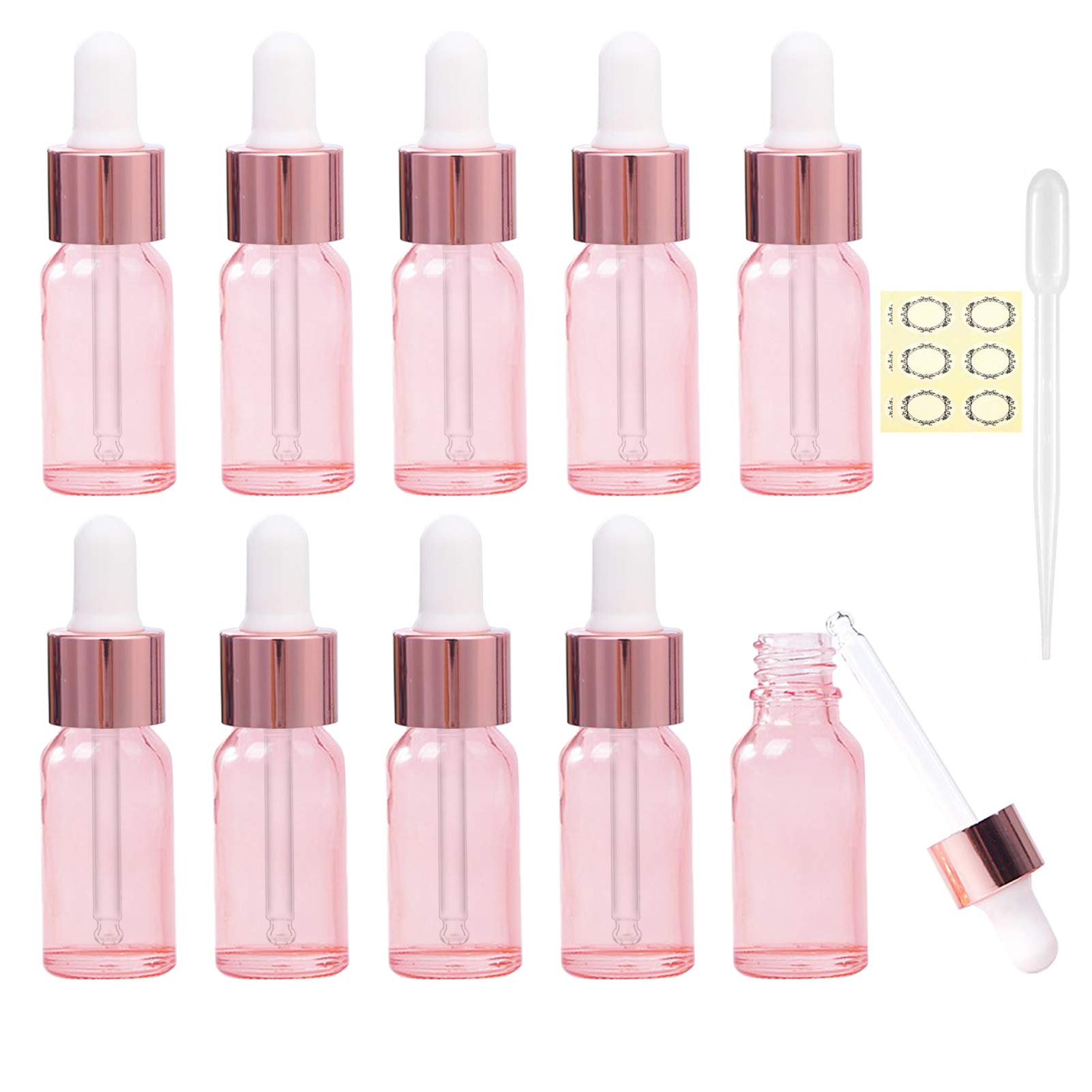 Alledomain 10Pcs, 5ml Rose Gold Glass Bottles with Dropper Pipettes, Mini Empty Dropper Bottles Rose Gold Metal Cap Refillable Sample Container for Essential Oil/Aromatherapy Blends/Chemical Liquid