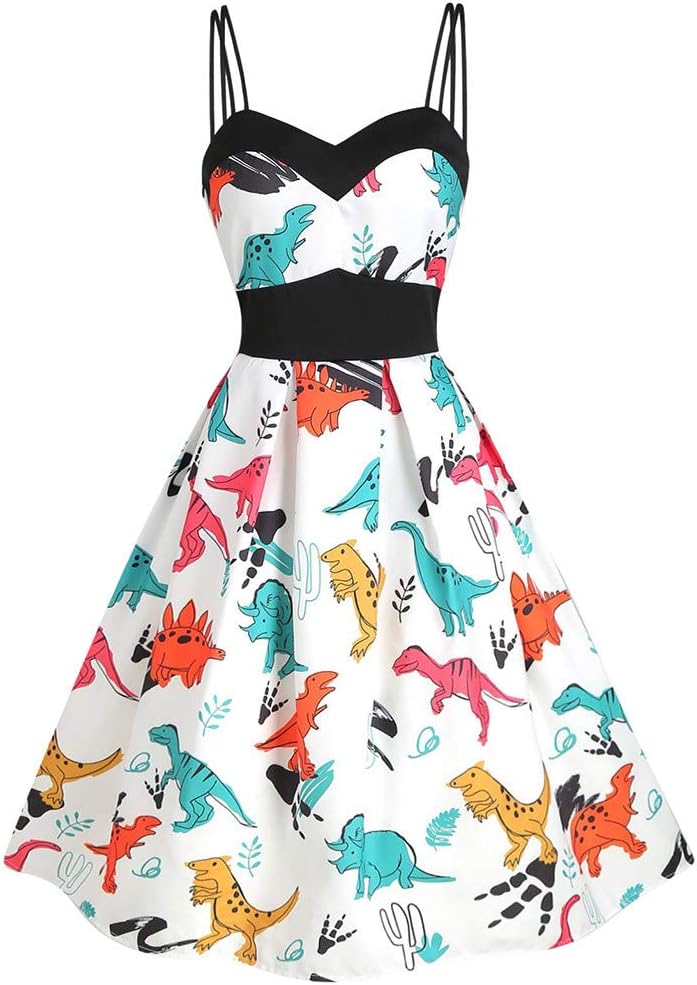 Janly Clearance Sale Women Vintage Dresses, Empire Waist Swing Cocktail Cami Dress, Sleeveless Dinosaur Print Evening Wedding Ball Gown, Summer Winter Strappy Tunic Party Dress