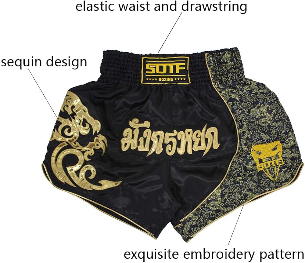 SOTF Muay Thai Fight Shorts for Kids Men Elastic Waist Kickboxing MMA Shorts: Clothing