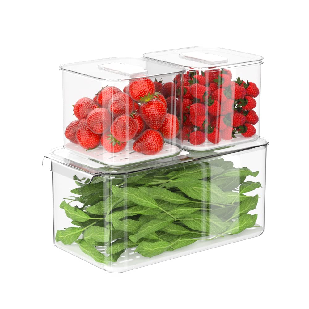 SANNO Fridge Food Storage Containers Produce Saver FreshWorks Produce - Stackable Refrigerator Kitchen Organizer Keeper- Set of 3