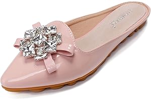 VYKF Women's Suede Leather Mules Mules for Woman Rhinestone Flats Comfortable Slip on Women Mule Shoe