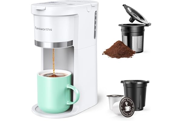 Famiworths Mini Coffee Maker Single Serve, Instant One Cup for K Cup & Ground Coffee, 6 to 12 Oz Brew Sizes, Capsule Coffee M