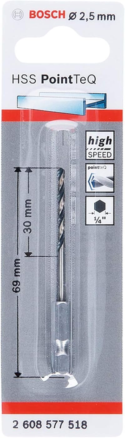Bosch PointTeQ Hex Drill Bit 2.5 mm for Metal 69 mm 1/4 in Hex Shank
