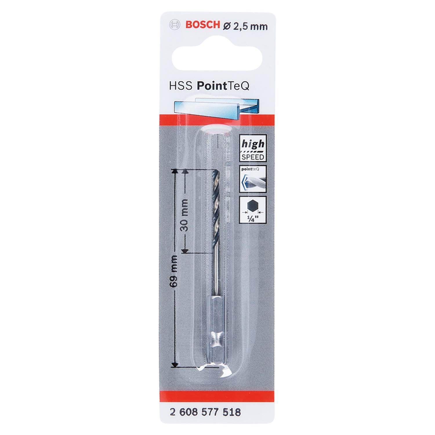 Bosch Professional PointTeQ Hex Drill Bit (for Metal diameter : 2.5 mm, Total Length: 69 mm, ¼’’ Hex Shank
