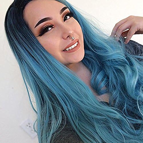 Ombre Wigs 28" Body Wave Cosplay Wigs Synthetic Hair Heat Resistant None Lace Natural Hairline for Black White Women (Black/Blue)