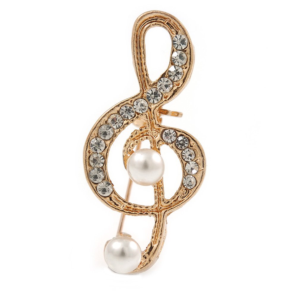 Small Crystal, Faux Pearl Treble Clef Musical Brooch In Gold Tone - 35mm L