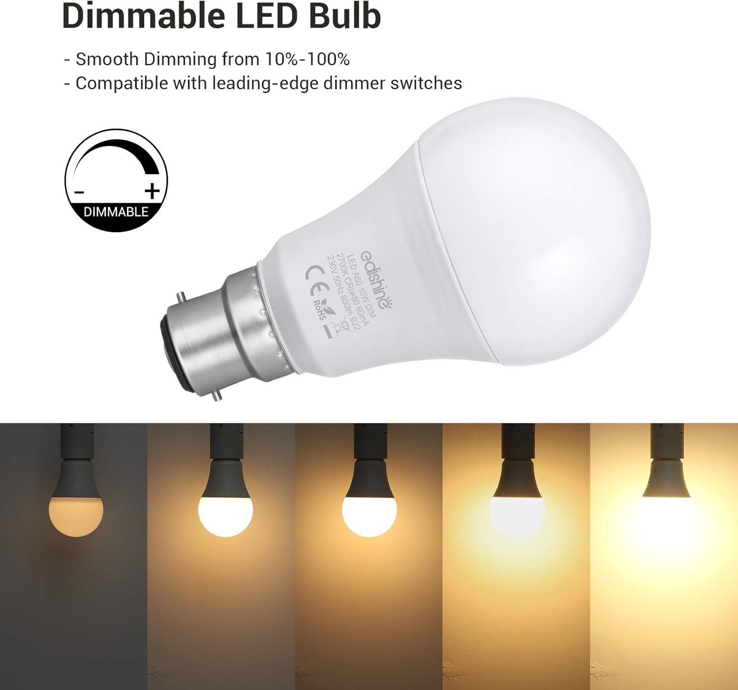 EDISHINE 6 Pack E27 Dimmable Bulb, Led Bulb Warm White 2700K, 10W E27 Screw Bulb - Image 3