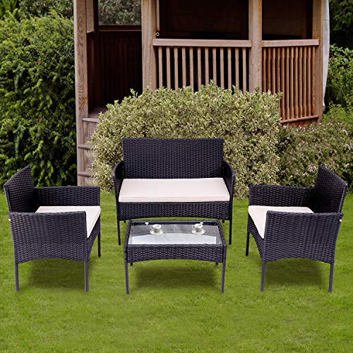Gartenlounge Set, Balkonmöbel Set für 4 Personen, Schwarz,Polyrattan Sitzgruppe Mit 2-er Sofa, 2 Singlestühle,Glastisch… – Bild 7