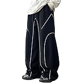 OYOANGLE Men's Contrast Side Cargo Pants Drawstring Elastic High Waist Long Pants Wide Leg Baggy Parachute Pants