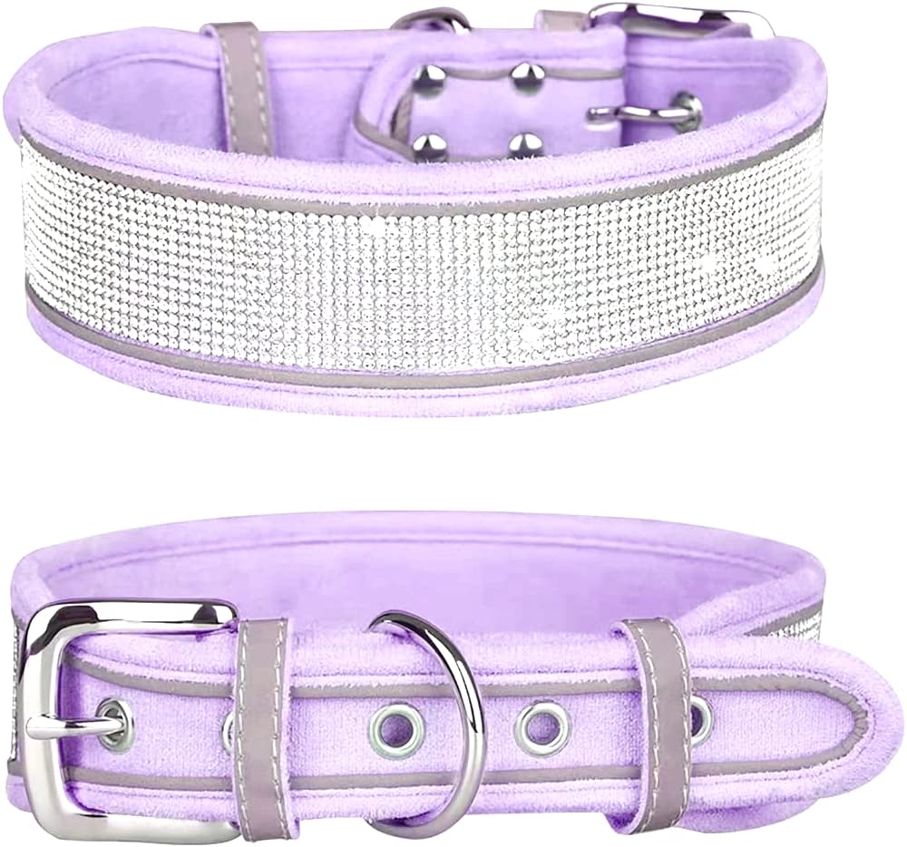 haoyueer Rhinestone Dog Collar, Dazzling Sparkling Soft Suede Reflective Large Dog Collar Crystal Diamond Collar for Medium & Large Dogs (L:19-23", Purple)