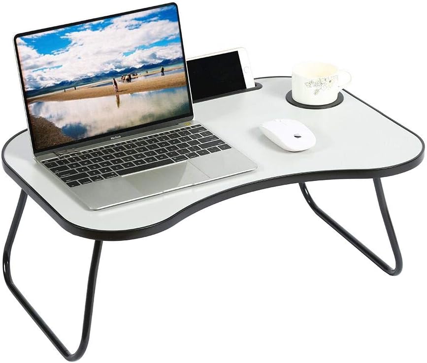 YUSONG Folding Laptop Table Tray, Portable Bed Table with Tablet Stand Slot and Cup Slot, Perfect for Reading Breakfast or Games, Grey