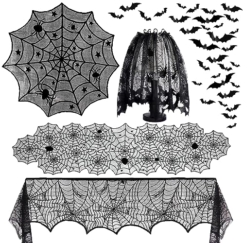 5Pack Halloween Decorations Indoor Halloween Spider Web Tablecloth Table Runners Fireplace Mantel Scarf Cobweb Lampshade Scary 3D Bats for Halloween Spooky Home Decor
