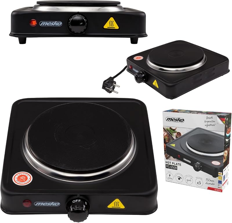 MS 6508 MS-6508 Hornillo Eléctrico, Regulador de Temperatura, Compacto, Viaje, Camping 154 mm, 1000W, Negro, 1000 W, Aluminio