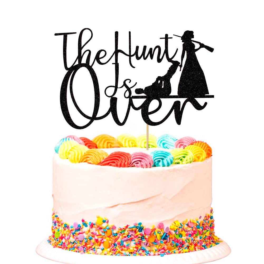 Photo 1 of The Hunt is Over Cake Topper, Funny Guns Themed Bride & Groom Wedding/Engagement/Bridal Shower Party Cake Decorations, Black Glitter