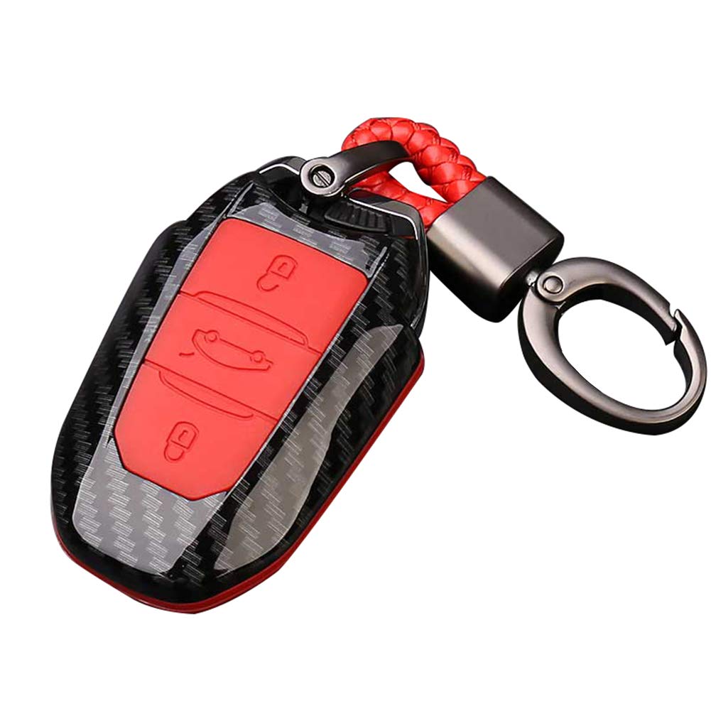 Happyit ABS Carbon Fiber Shell + Silicone Car Key Case Cover Keychain for Peugeot 301 308 408 307 206 3 Buttons (Red)