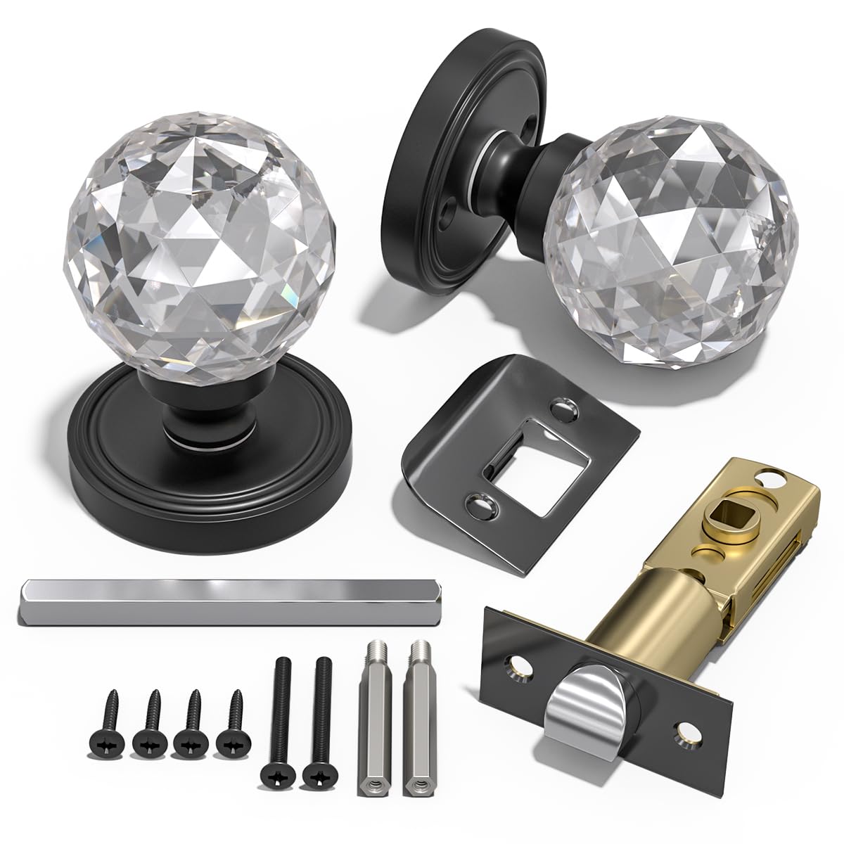 Bwintech 1 Pair Solid Crystal Black Door Knobs, 65mm Palace Style Crystal Internal Door Handle with Latch and DIY Screw Kit for Passage, Bedroom, Hallway