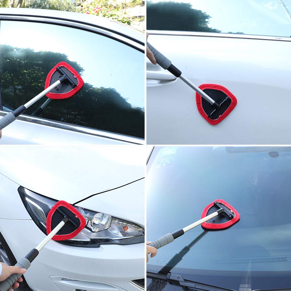 QUEES Windshield Cleaning Tool Unbreakable Car Window Glass Cleaner with Extendable Handle and 2 Washable Reusable Microfiber Pads 1 Wash Sponge