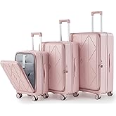 TRAVELEO 3 Piece Luggage Set 100% PC Hardshell, Front Opening Expandable Suitcase (20/24/28) with Laptop Compartment & Free Custom PVC Covers, Trunk Style Lightweight Spinner Wheels TSA Lock (Pink)