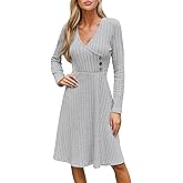 CUPSHE Fall Dresses for Women V Neck Long Sleeve Ribbed Knit Button A Line Mini Casual Dress