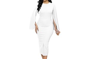 CUTECHERRY Women Church Dresses Bodycon Work Dress Bell Long Sleeve Round Neck Business Pencil Dresses