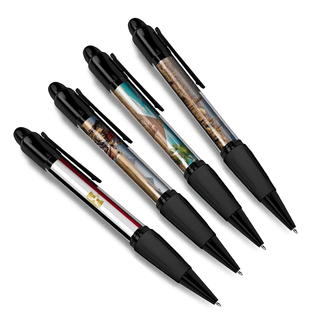 DV DESIGN Set of 4 Egypt Black Ballpoint Pens - Cairo Egyptian Pyramids Camels Flag Travel Holiday Hobby Boys Girls Men Women Theme Pen #79405