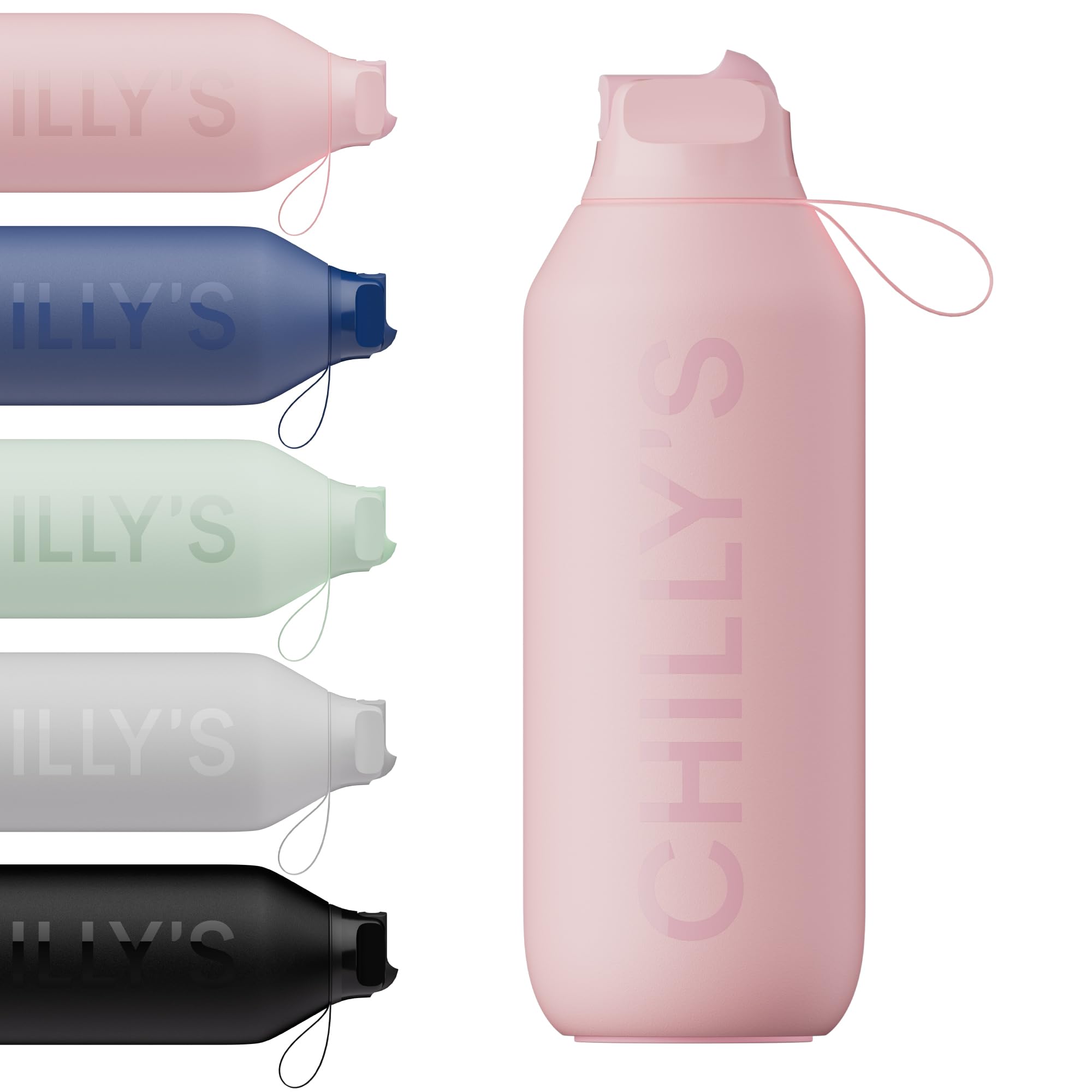 Chilly's Series 2 Flip Water Bottle with Sports Lid - Vacuum Insulated Stainless Steel Water Bottle with Straw, Carry Loop, & Cleaning Brush - No Sweat - 500ml - Blush Pink — image 1
