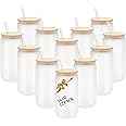 12 Pack Sublimation Glass Cups Frosted Blank Beer Glass Cups with Bamboo Lids Borosilicate Glasses Tumbler Mason Jar Cups Mug