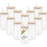 12 Pack Sublimation Glass Cups Frosted Blank Beer Glass Cups with Bamboo Lids Borosilicate Glasses Tumbler Mason Jar Cups Mug