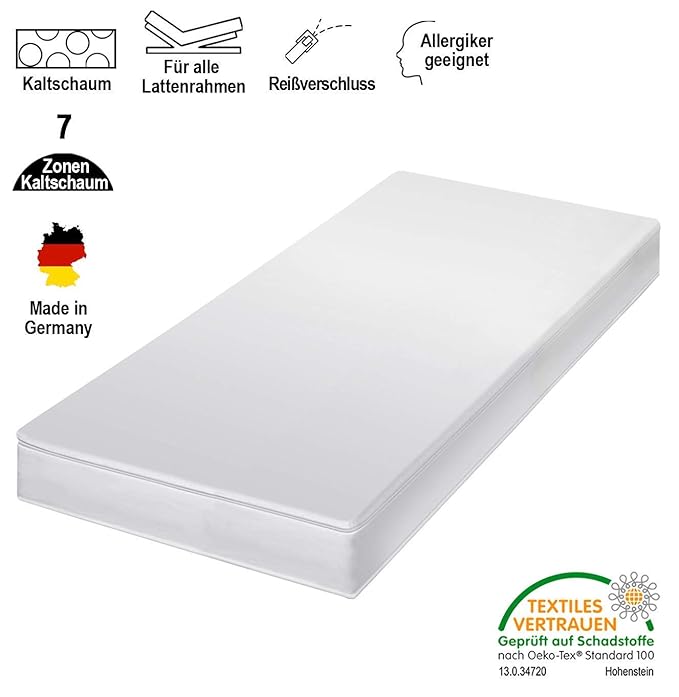 Traumland V12 7-Zonen-Matratze Kaltschaummatratze - Härtegrad H2 H3 H2&H3 ÖkoTex Rollmatratze (90 x 200 cm, H2)