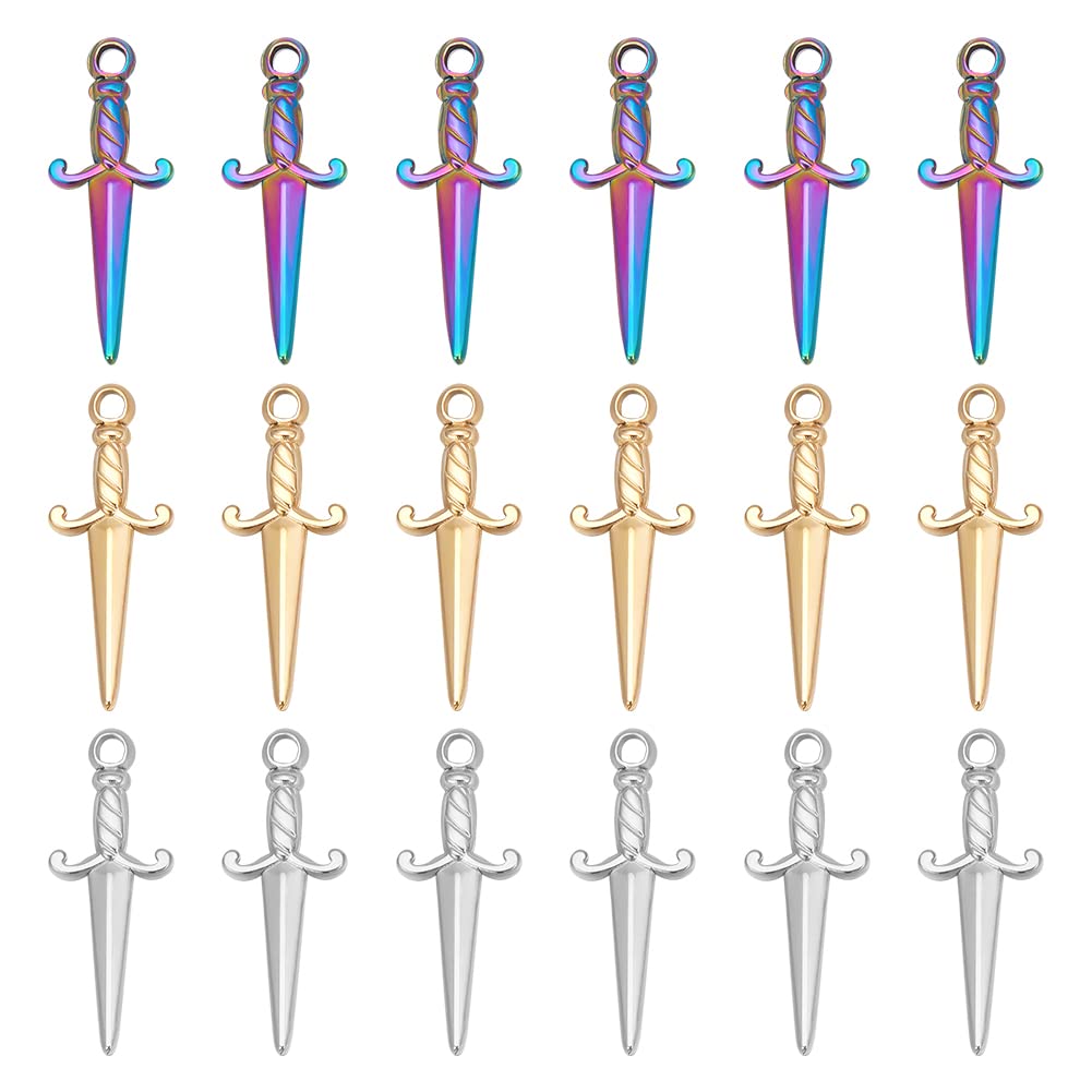 UNICRAFTALE about 18Pcs 3 Colors Sword Pendants 27.5mm Stainless Steel Dagger Charms Hypoallergenic Punk Earring Sword Charms Metal Bracelets Charm for DIY Jewelry Making