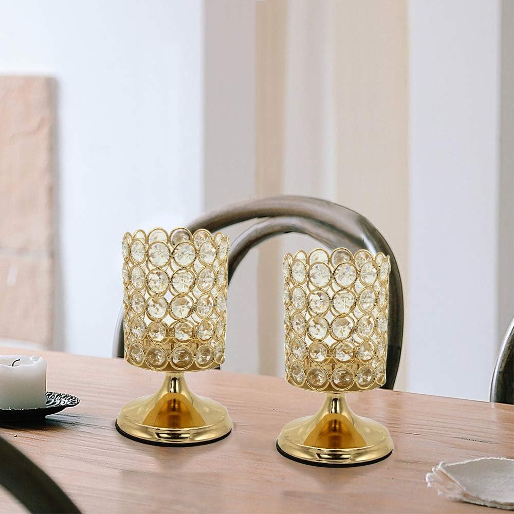 Vincidern 2 Pcs Gold Crystal Candle Holders Centerpiece, Pillar Candle Hurricane Candleholders, Table Decoration Candlestick Holder for Wedding Home Party (6.5 inches Tall): Kitchen & Dining