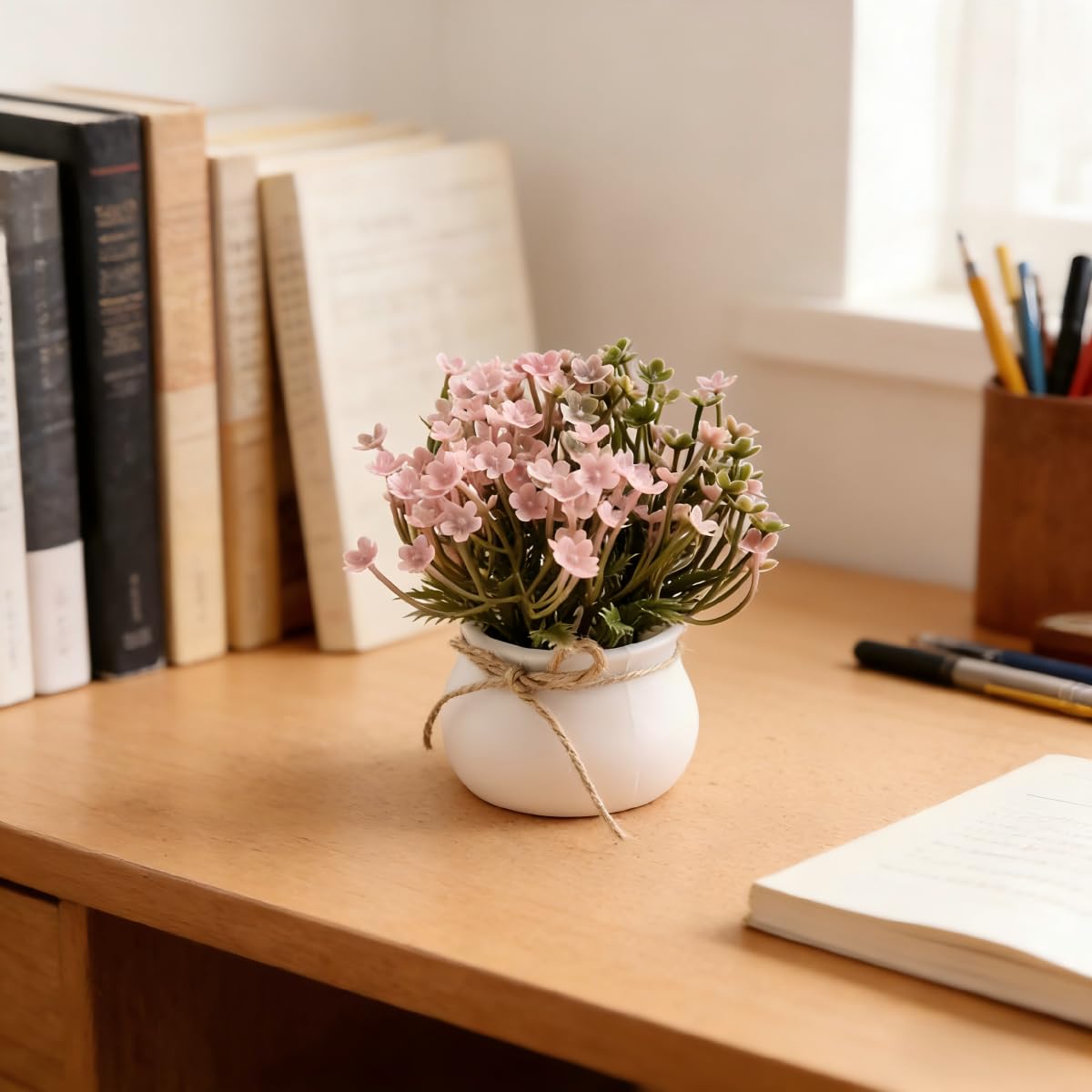 Photo 1 of 1 Pcs Mini Artificial Flowers Potted - Small Fake Green Plants Artificial Plants with Plastic Pot - Perfect for Desk, Shelf, Bathroom, Office, Fake Plants Indoor Decor Farmhouse & Kitchen (Pink)