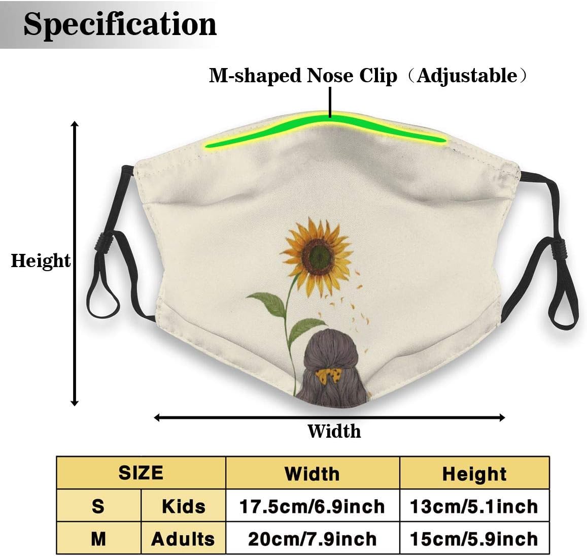 MINIKENS Sunflower Girl Back N95 Mouth Mask,Replaceable Filter PM2.5 Mask Personality Print Anti-Pollen Mask Anti-Dust Infective Mask with Replaceable N95 Filter. Free Two Filters